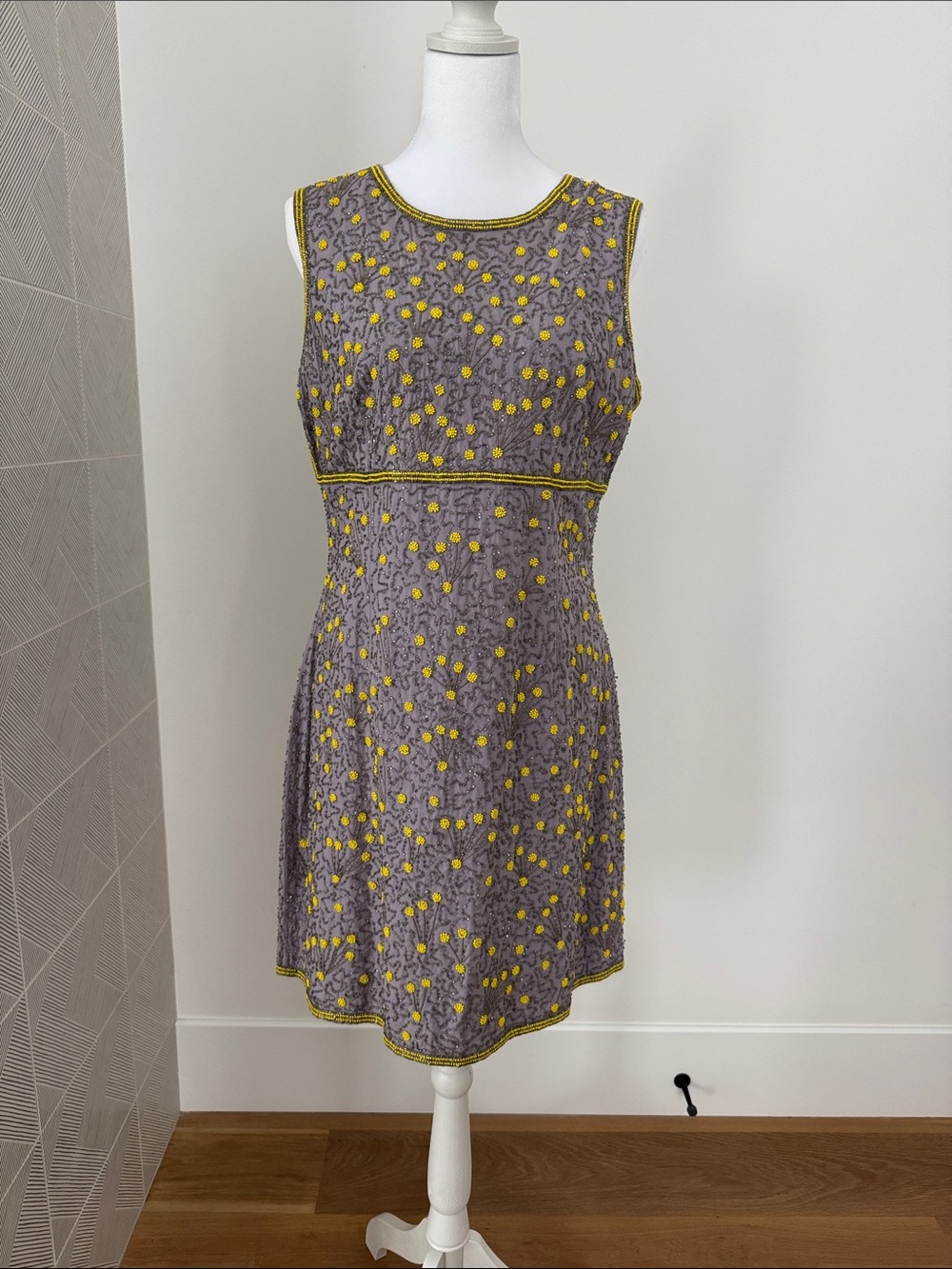 French Connection Gray Dress with Yellow Floral beaded Accents